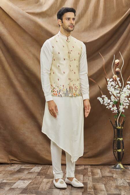 Vivek Karunakaran Beige Poly Raw Silk Thread Work Floral Embroidered Bundi Online at Aza Fashions Vivek Karunakaran_Beige Poly Raw Silk Thread Work Floral Embroidered Bundi _Online_at_Aza_Fashions