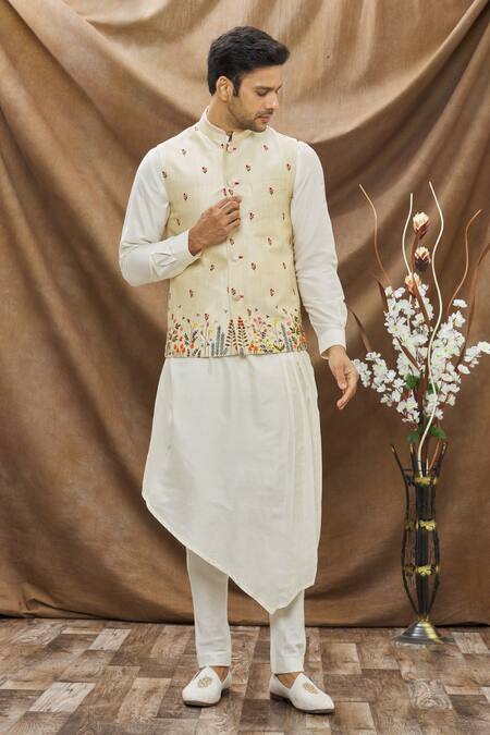Buy Vivek Karunakaran Beige Poly Raw Silk Thread Work Floral Embroidered Bundi Online at Aza Fashions Buy_Vivek Karunakaran_Beige Poly Raw Silk Thread Work Floral Embroidered Bundi _Online_at_Aza_Fashions