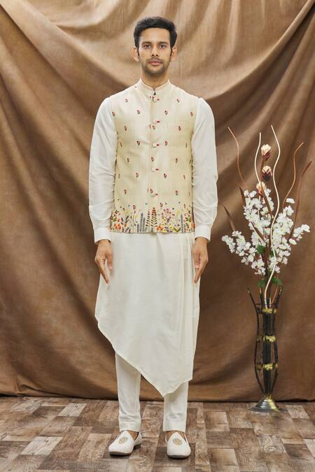 Shop Vivek Karunakaran Beige Poly Raw Silk Thread Work Floral Embroidered Bundi Online at Aza Fashions Shop_Vivek Karunakaran_Beige Poly Raw Silk Thread Work Floral Embroidered Bundi _Online_at_Aza_Fashions