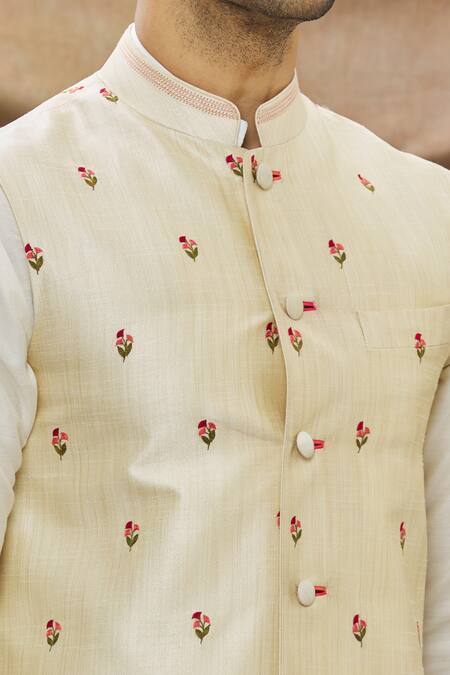 Vivek Karunakaran Beige Poly Raw Silk Thread Work Floral Embroidered Bundi at Aza Fashions Vivek Karunakaran_Beige Poly Raw Silk Thread Work Floral Embroidered Bundi _at_Aza_Fashions