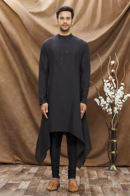 Shop_Vivek Karunakaran_Black Spun Cotton Handkerchief Hem Kurta Set _Online_at_Aza_Fashions