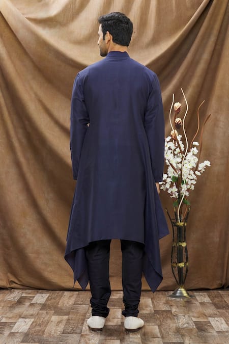Shop_Vivek Karunakaran_Blue Spun Cotton Handkerchief Hem Kurta Set _at_Aza_Fashions