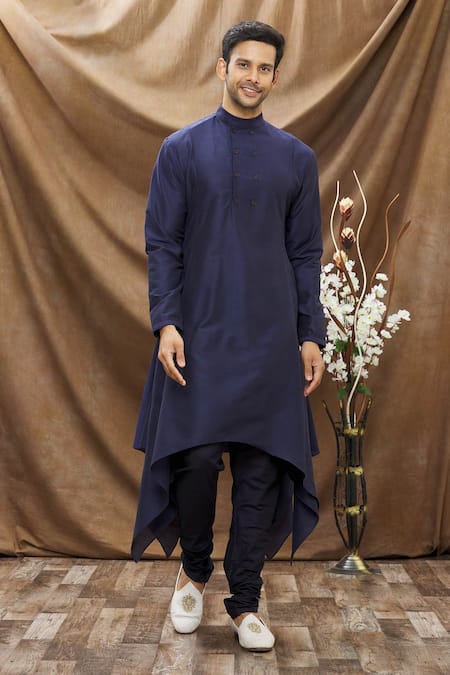 Vivek Karunakaran_Blue Spun Cotton Handkerchief Hem Kurta Set _Online_at_Aza_Fashions