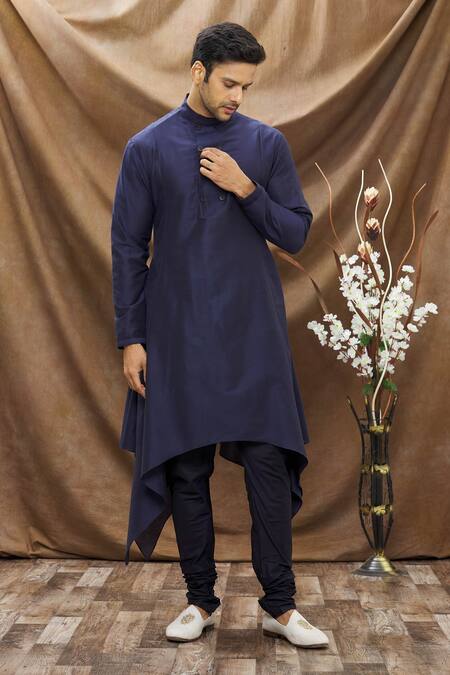 Buy_Vivek Karunakaran_Blue Spun Cotton Handkerchief Hem Kurta Set _Online_at_Aza_Fashions