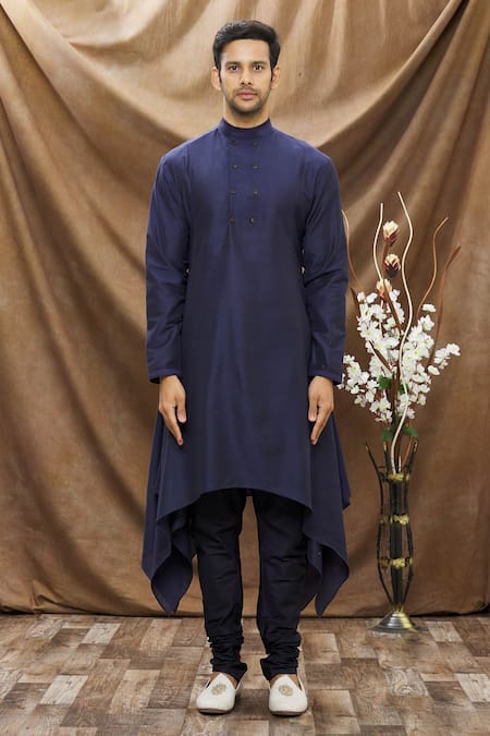 Shop_Vivek Karunakaran_Blue Spun Cotton Handkerchief Hem Kurta Set _Online_at_Aza_Fashions