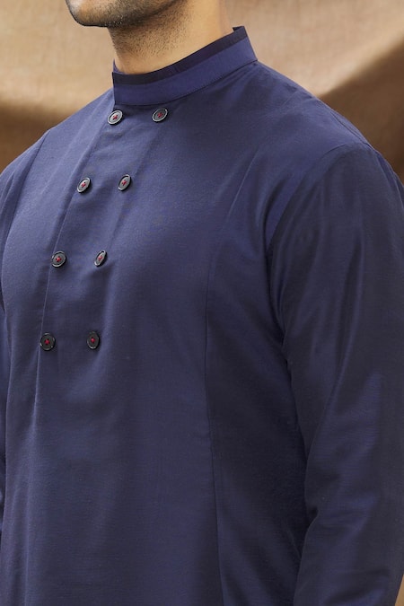 Vivek Karunakaran_Blue Spun Cotton Handkerchief Hem Kurta Set _at_Aza_Fashions
