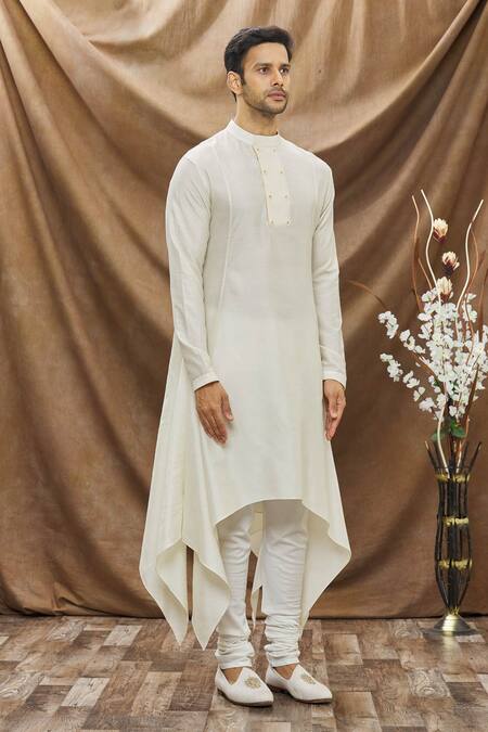 Vivek Karunakaran White Spun Cotton Handkerchief Hem Kurta Set Online at Aza Fashions Vivek Karunakaran_White Spun Cotton Handkerchief Hem Kurta Set _Online_at_Aza_Fashions