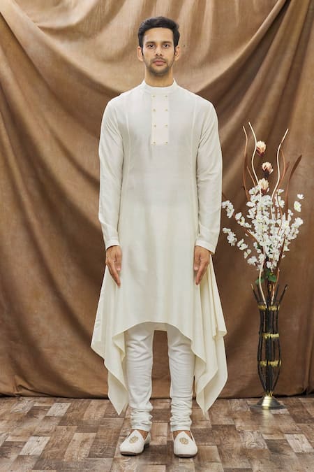Shop Vivek Karunakaran White Spun Cotton Handkerchief Hem Kurta Set Online at Aza Fashions Shop_Vivek Karunakaran_White Spun Cotton Handkerchief Hem Kurta Set _Online_at_Aza_Fashions