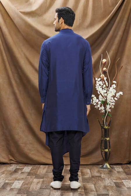 Shop Vivek Karunakaran Blue Spun Cotton Patchwork Asymmetric Kurta Set at Aza Fashions Shop_Vivek Karunakaran_Blue Spun Cotton Patchwork Asymmetric Kurta Set _at_Aza_Fashions