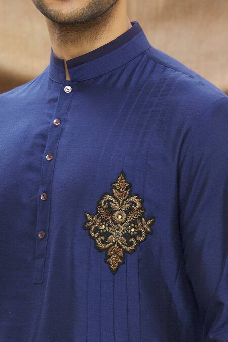 Vivek Karunakaran Blue Spun Cotton Patchwork Asymmetric Kurta Set at Aza Fashions Vivek Karunakaran_Blue Spun Cotton Patchwork Asymmetric Kurta Set _at_Aza_Fashions