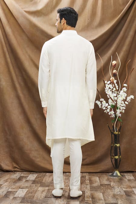 Shop_Vivek Karunakaran_White Spun Cotton Embroidered Patchwork Asymmetric Kurta Set _at_Aza_Fashions