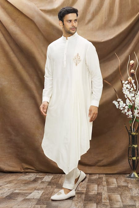 Buy_Vivek Karunakaran_White Spun Cotton Embroidered Patchwork Asymmetric Kurta Set _Online_at_Aza_Fashions