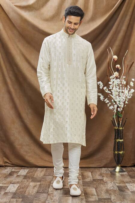 Buy_Vivek Karunakaran_White Raw Silk Embroidered Thread Work Floral Kurta _Online_at_Aza_Fashions