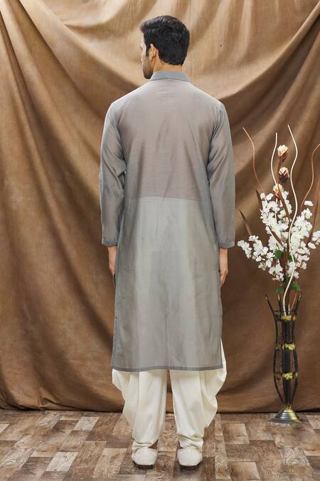 Shop_Vivek Karunakaran_Grey Chanderi Embroidered Thread Work Solid Kurta _at_Aza_Fashions