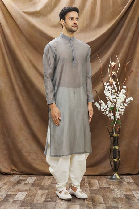 Vivek Karunakaran_Grey Chanderi Embroidered Thread Work Solid Kurta _Online_at_Aza_Fashions