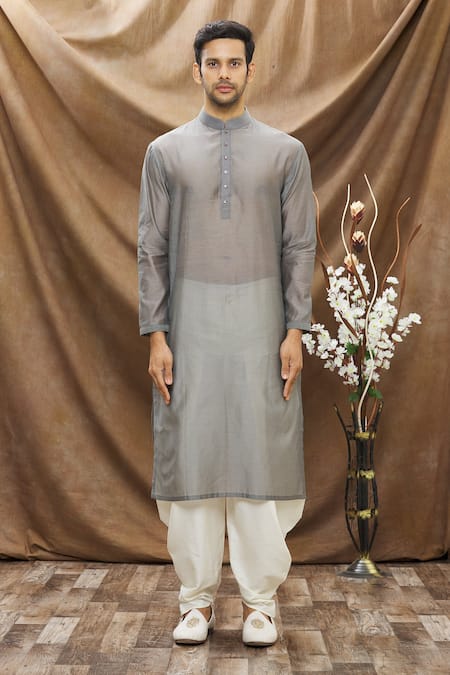 Shop_Vivek Karunakaran_Grey Chanderi Embroidered Thread Work Solid Kurta _Online_at_Aza_Fashions