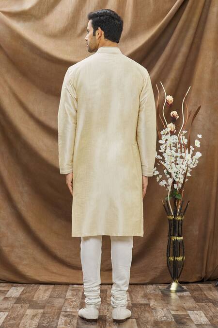 Shop Vivek Karunakaran Beige Poly Raw Silk Thread Work Floral Embroidered Kurta Set at Aza Fashions Shop_Vivek Karunakaran_Beige Poly Raw Silk Thread Work Floral Embroidered Kurta Set _at_Aza_Fashions