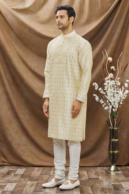 Shop Vivek Karunakaran Beige Poly Raw Silk Thread Work Floral Embroidered Kurta Set Online at Aza Fashions Shop_Vivek Karunakaran_Beige Poly Raw Silk Thread Work Floral Embroidered Kurta Set _Online_at_Aza_Fashions