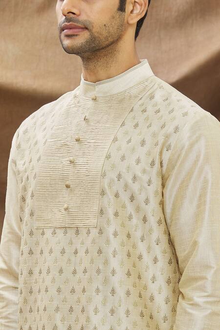 Vivek Karunakaran Beige Poly Raw Silk Thread Work Floral Embroidered Kurta Set at Aza Fashions Vivek Karunakaran_Beige Poly Raw Silk Thread Work Floral Embroidered Kurta Set _at_Aza_Fashions