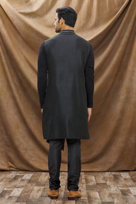 Shop_Vivek Karunakaran_Black Spun Cotton Embroidered Zardozi Work Asymmetric Overlap Kurta _at_Aza_Fashions