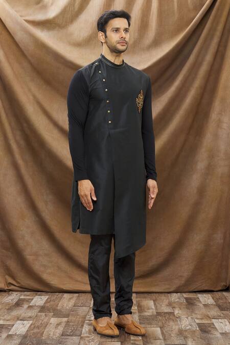 Vivek Karunakaran_Black Spun Cotton Embroidered Zardozi Work Asymmetric Overlap Kurta _Online_at_Aza_Fashions