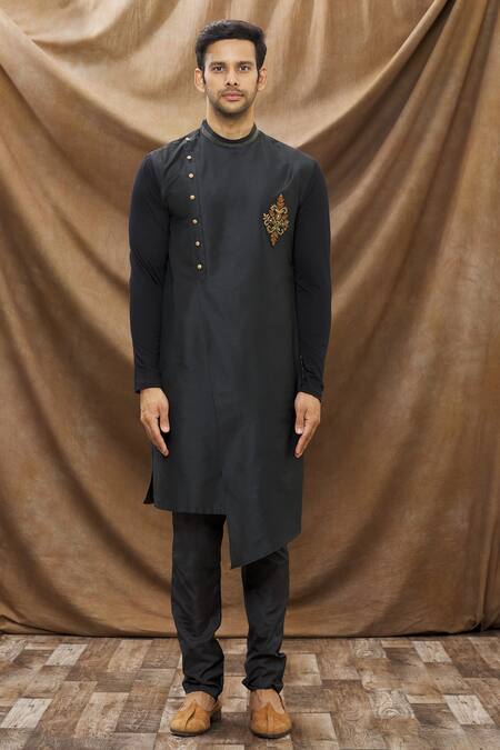 Buy_Vivek Karunakaran_Black Spun Cotton Embroidered Zardozi Work Asymmetric Overlap Kurta _Online_at_Aza_Fashions