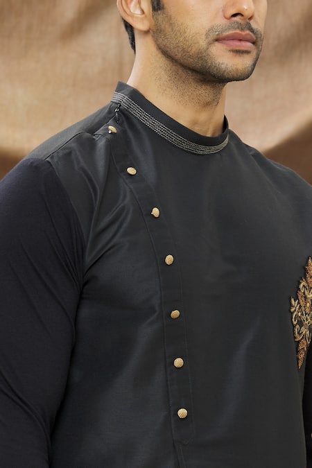 Vivek Karunakaran_Black Spun Cotton Embroidered Zardozi Work Asymmetric Overlap Kurta _at_Aza_Fashions