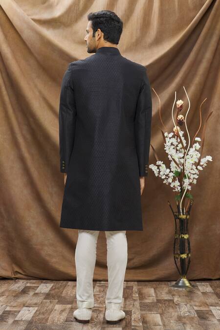 Shop Vivek Karunakaran Black Poly Raw Silk Thread Work Jaal Embroidered Sherwani Set at Aza Fashions Shop_Vivek Karunakaran_Black Poly Raw Silk Thread Work Jaal Embroidered Sherwani Set _at_Aza_Fashions