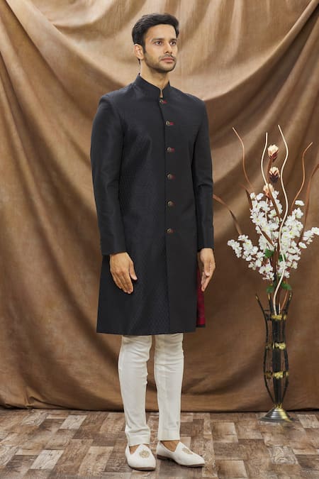 Vivek Karunakaran Black Poly Raw Silk Thread Work Jaal Embroidered Sherwani Set Online at Aza Fashions Vivek Karunakaran_Black Poly Raw Silk Thread Work Jaal Embroidered Sherwani Set _Online_at_Aza_Fashions