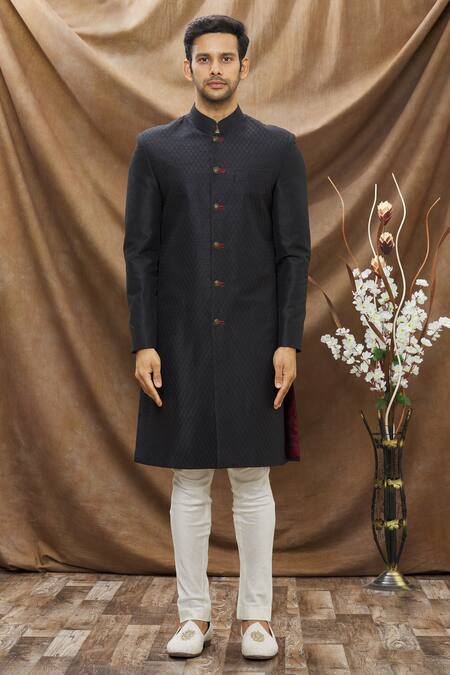 Buy Vivek Karunakaran Black Poly Raw Silk Thread Work Jaal Embroidered Sherwani Set Online at Aza Fashions Buy_Vivek Karunakaran_Black Poly Raw Silk Thread Work Jaal Embroidered Sherwani Set _Online_at_Aza_Fashions