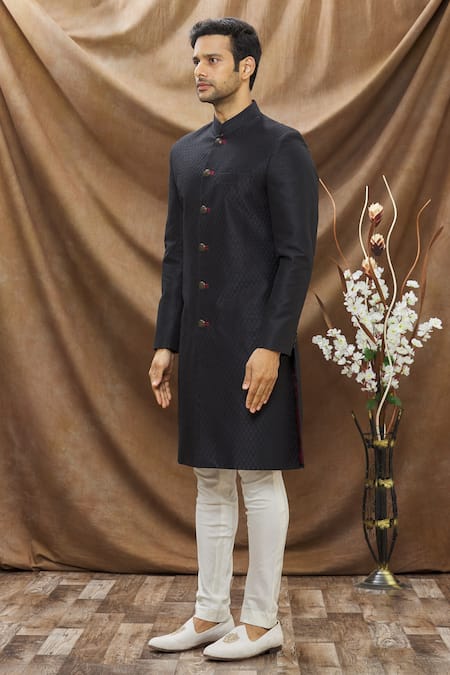 Shop Vivek Karunakaran Black Poly Raw Silk Thread Work Jaal Embroidered Sherwani Set Online at Aza Fashions Shop_Vivek Karunakaran_Black Poly Raw Silk Thread Work Jaal Embroidered Sherwani Set _Online_at_Aza_Fashions