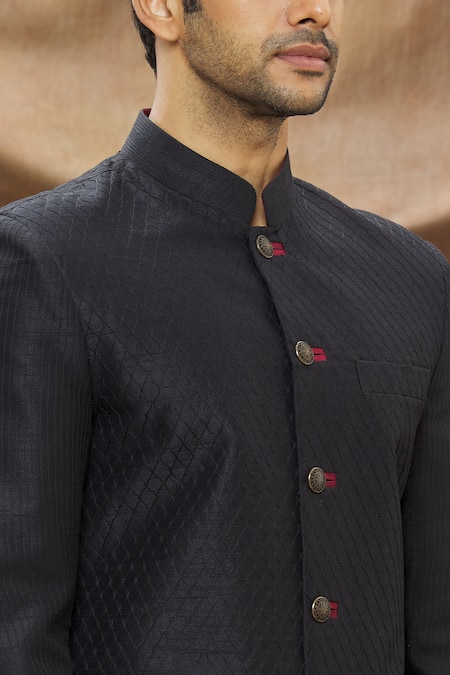 Vivek Karunakaran Black Poly Raw Silk Thread Work Jaal Embroidered Sherwani Set at Aza Fashions Vivek Karunakaran_Black Poly Raw Silk Thread Work Jaal Embroidered Sherwani Set _at_Aza_Fashions