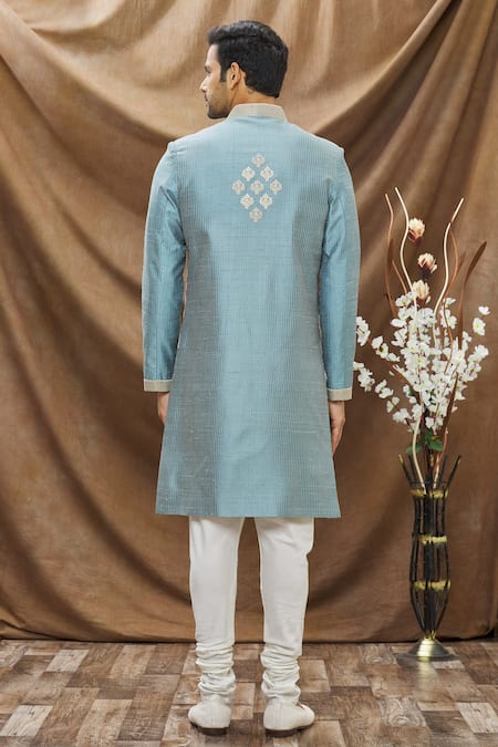 Shop_Vivek Karunakaran_Blue Raw Silk Embroidered Thread Work Floral Sherwani Set _at_Aza_Fashions