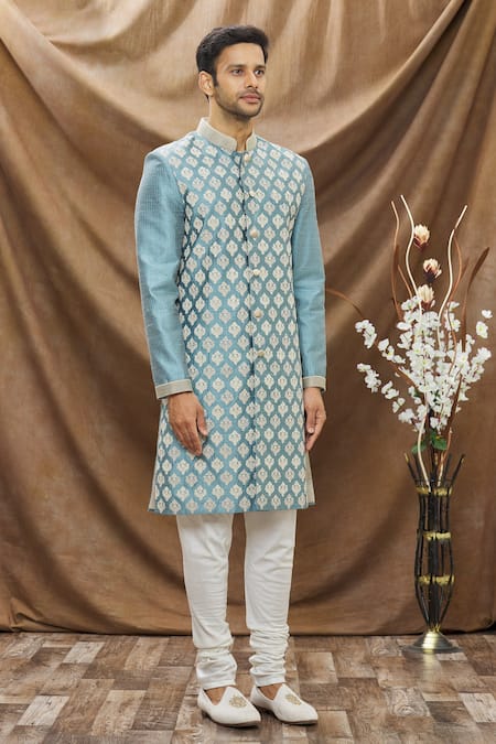 Vivek Karunakaran_Blue Raw Silk Embroidered Thread Work Floral Sherwani Set _Online_at_Aza_Fashions