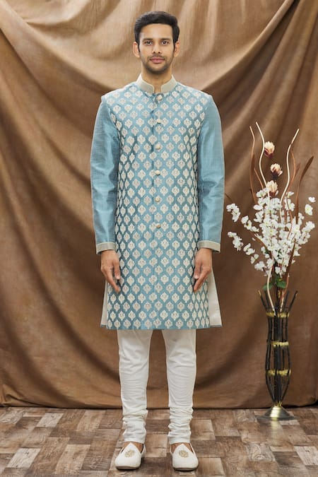 Buy_Vivek Karunakaran_Blue Raw Silk Embroidered Thread Work Floral Sherwani Set _Online_at_Aza_Fashions
