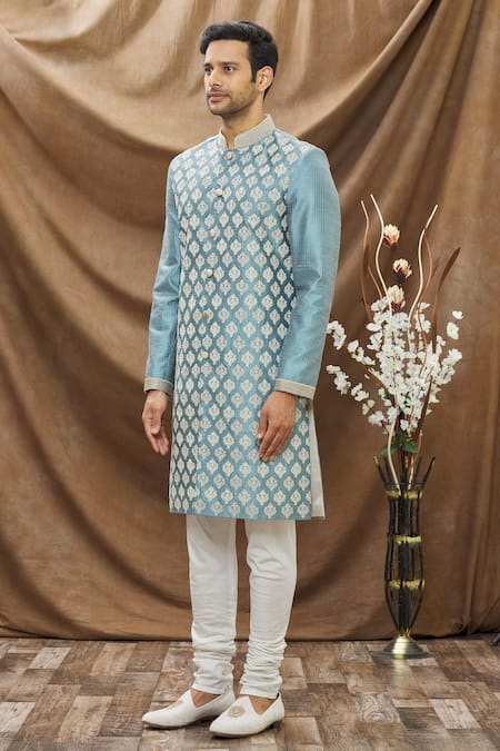 Shop_Vivek Karunakaran_Blue Raw Silk Embroidered Thread Work Floral Sherwani Set _Online_at_Aza_Fashions