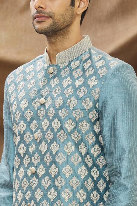 Vivek Karunakaran_Blue Raw Silk Embroidered Thread Work Floral Sherwani Set _at_Aza_Fashions