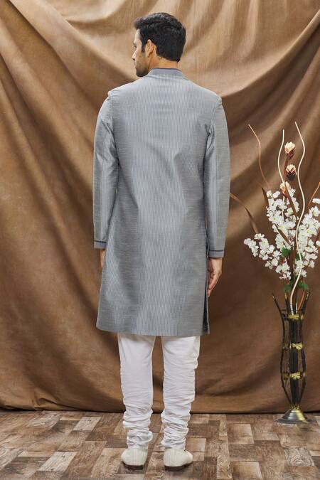 Shop_Vivek Karunakaran_Grey Poly Raw Silk Embroidered Thread Work Sherwani Set _at_Aza_Fashions