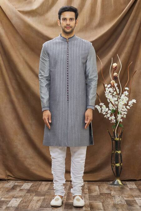 Buy_Vivek Karunakaran_Grey Poly Raw Silk Embroidered Thread Work Sherwani Set _Online_at_Aza_Fashions