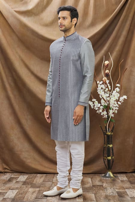 Shop_Vivek Karunakaran_Grey Poly Raw Silk Embroidered Thread Work Sherwani Set _Online_at_Aza_Fashions