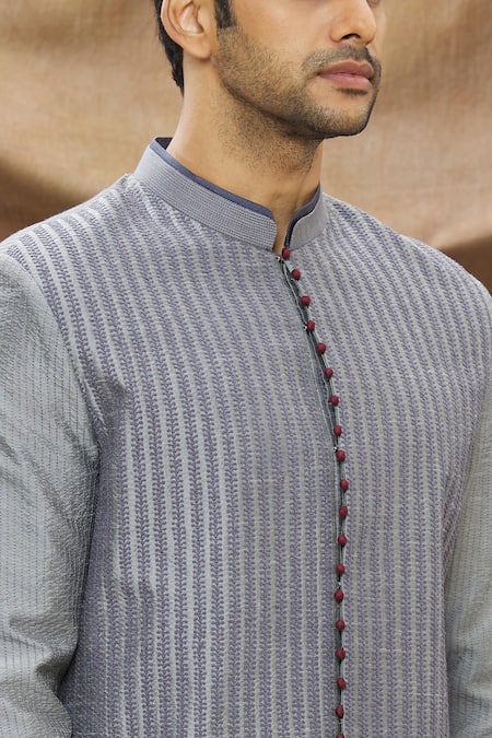 Vivek Karunakaran_Grey Poly Raw Silk Embroidered Thread Work Sherwani Set _at_Aza_Fashions