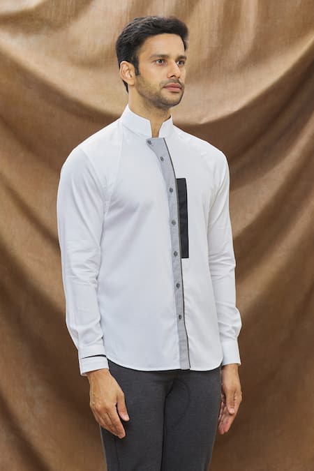 Buy White Poplin Standing Collar Shirt For Men by Vivek Karunakaran Online  at Aza Fashions.