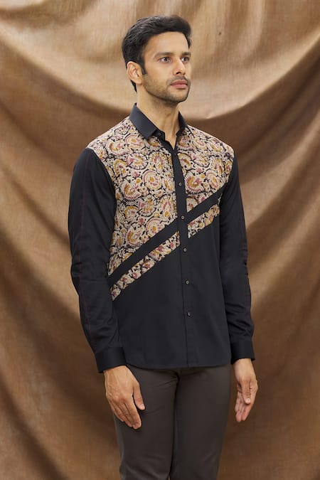 Vivek Karunakaran_Black Poplin Printed Floral Printblock Shirt _Online_at_Aza_Fashions
