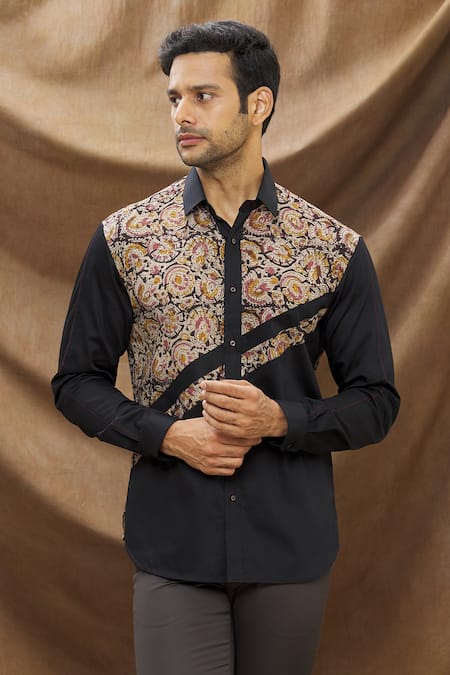 Buy_Vivek Karunakaran_Black Poplin Printed Floral Printblock Shirt _Online_at_Aza_Fashions