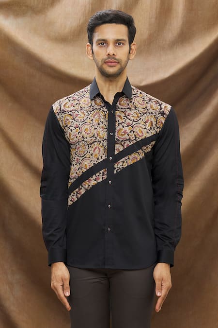 Shop_Vivek Karunakaran_Black Poplin Printed Floral Printblock Shirt _Online_at_Aza_Fashions
