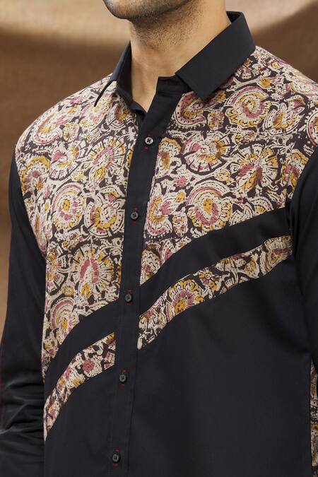 Vivek Karunakaran_Black Poplin Printed Floral Printblock Shirt _at_Aza_Fashions