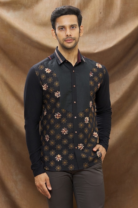 GEOMETRIC EMBROIDERED SHIRT - Black