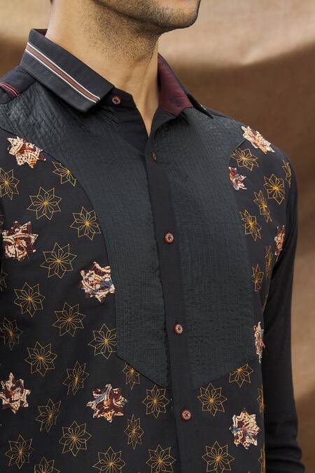 Vivek Karunakaran Black Cotton Thread Work, Patchwork Geometric Embroidered Shirt at Aza Fashions Vivek Karunakaran_Black Cotton Thread Work, Patchwork Geometric Embroidered Shirt _at_Aza_Fashions