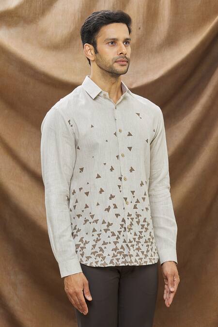 Vivek Karunakaran_Beige Linen Geometric Print Shirt _Online_at_Aza_Fashions