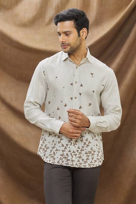 Buy_Vivek Karunakaran_Beige Linen Geometric Print Shirt _Online_at_Aza_Fashions